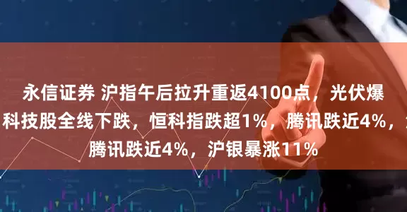 永信证券 沪指午后拉升重返4100点，光伏爆发掀涨停潮，科技股全线下跌，恒科指跌超1%，腾讯跌近4%，沪银暴涨11%